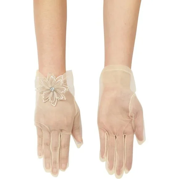 Women's Evening Champagne Mesh Lace Short Gloves Wedding Bridal Tea Party Prom - Picture 6 of 7